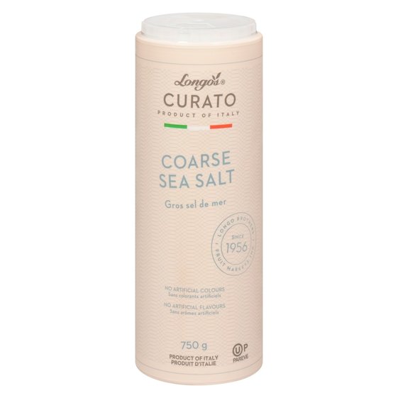 Longo&rsquo;s Curato coarse sea salt, 750 g Italian sea salt in a cylindrical container with shaker lid.
